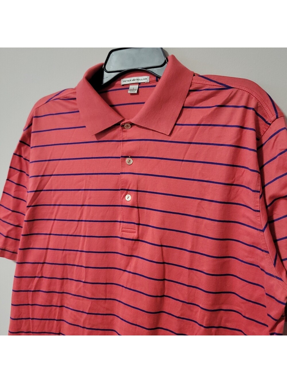 Peter Millar Polo Shirt Mens L Pink Blue Striped Golf